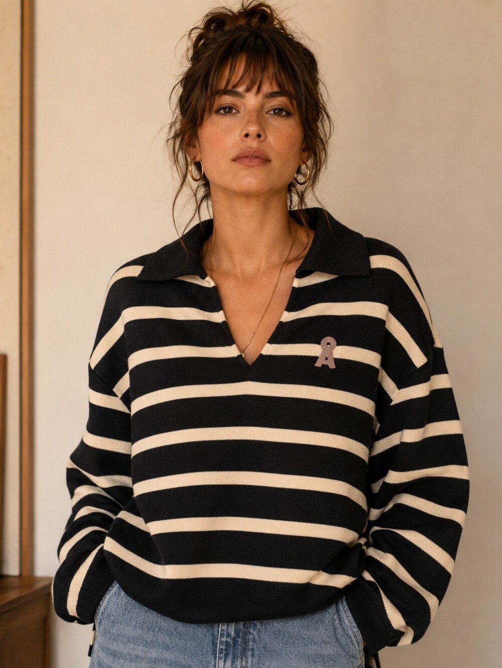 ARMEDANGELS Oversized Striped Knit Polo Sweater | Black & Cream | XS